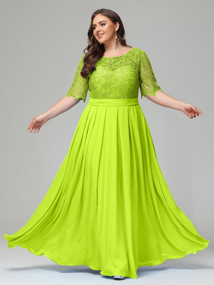 Illussion Neckline and Back Half Sleeves Scoop Lace Plus Size Bridesmaid Dresses