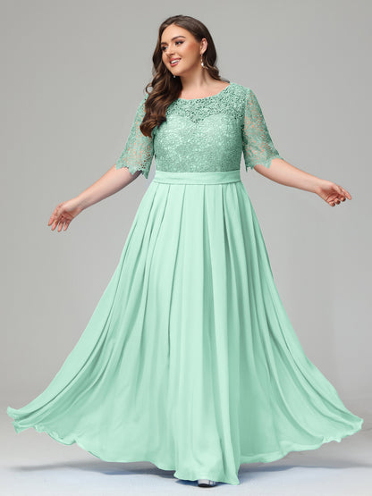 Illussion Neckline and Back Half Sleeves Scoop Lace Plus Size Bridesmaid Dresses