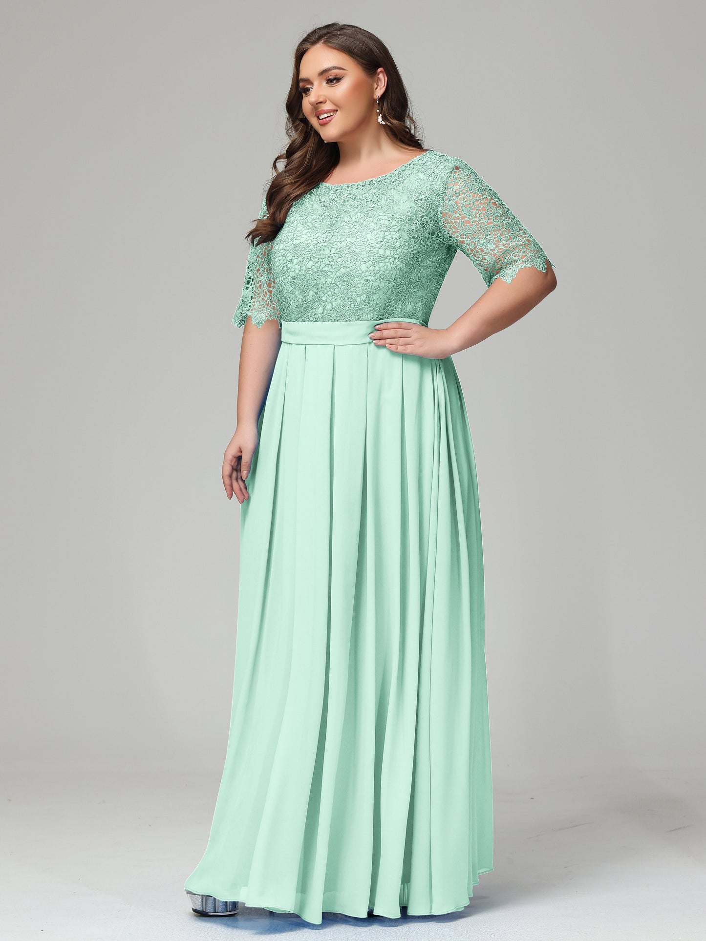 Illussion Neckline and Back Half Sleeves Scoop Lace Plus Size Bridesmaid Dresses