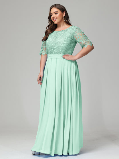 Illussion Neckline and Back Half Sleeves Scoop Lace Plus Size Bridesmaid Dresses