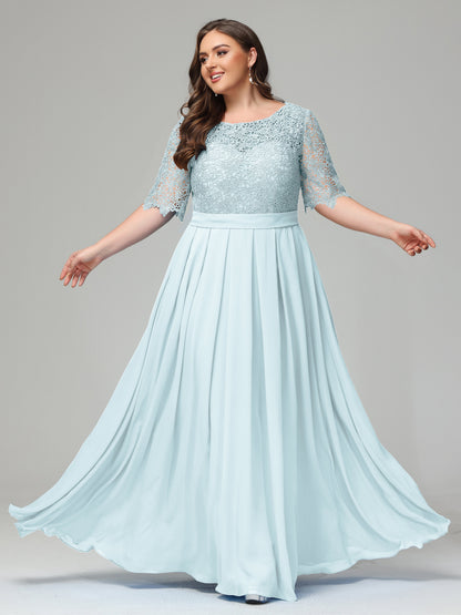 Illussion Neckline and Back Half Sleeves Scoop Lace Plus Size Bridesmaid Dresses