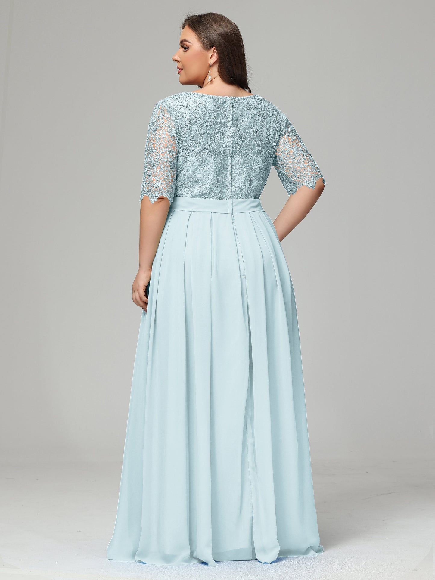 Illussion Neckline and Back Half Sleeves Scoop Lace Plus Size Bridesmaid Dresses