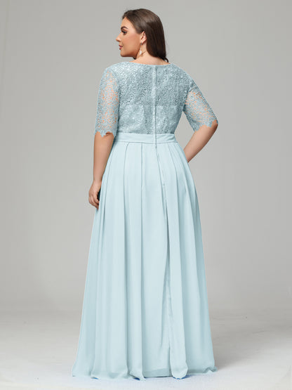 Illussion Neckline and Back Half Sleeves Scoop Lace Plus Size Bridesmaid Dresses