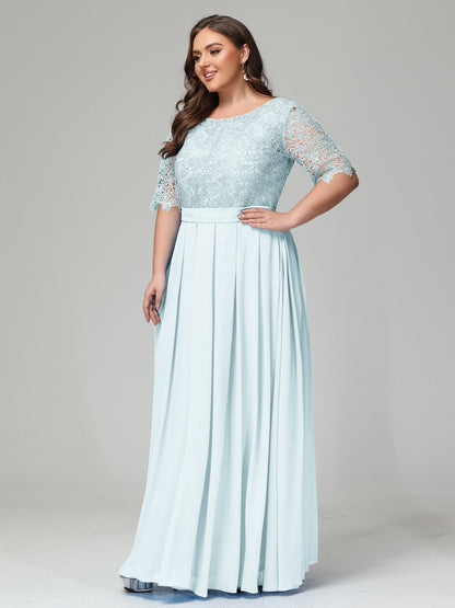 Illussion Neckline and Back Half Sleeves Scoop Lace Plus Size Bridesmaid Dresses
