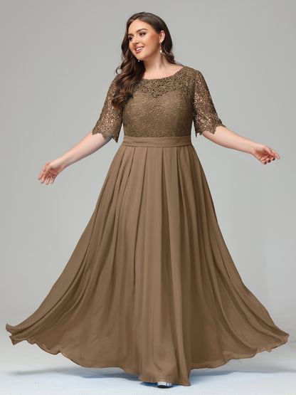 Illussion Neckline and Back Half Sleeves Scoop Lace Plus Size Bridesmaid Dresses