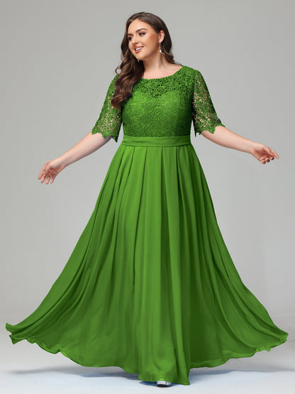 Illussion Neckline and Back Half Sleeves Scoop Lace Plus Size Bridesmaid Dresses