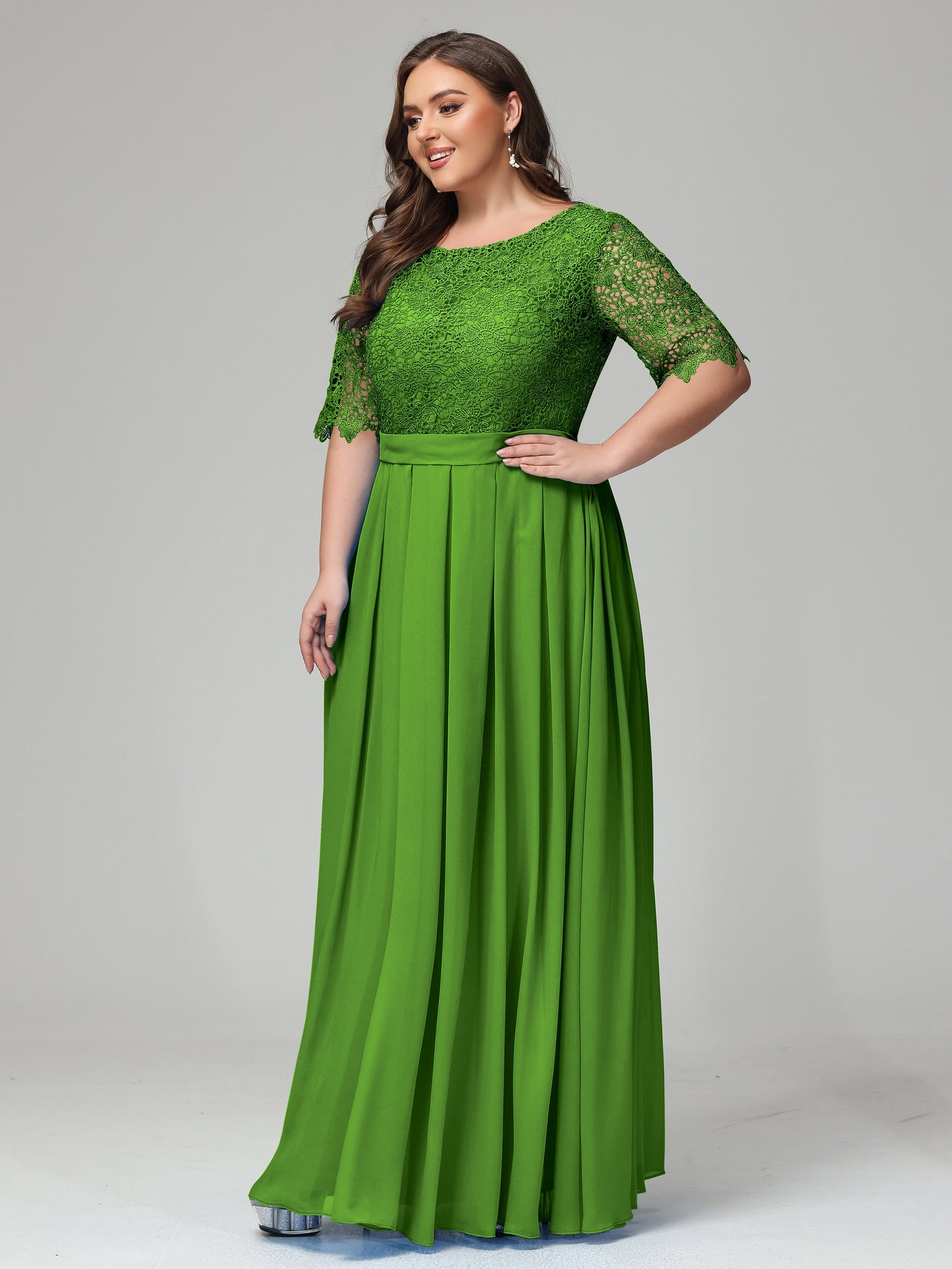 Illussion Neckline and Back Half Sleeves Scoop Lace Plus Size Bridesmaid Dresses