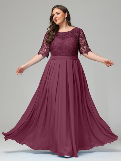 Illussion Neckline and Back Half Sleeves Scoop Lace Plus Size Bridesmaid Dresses