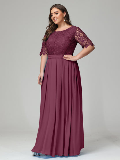 Illussion Neckline and Back Half Sleeves Scoop Lace Plus Size Bridesmaid Dresses