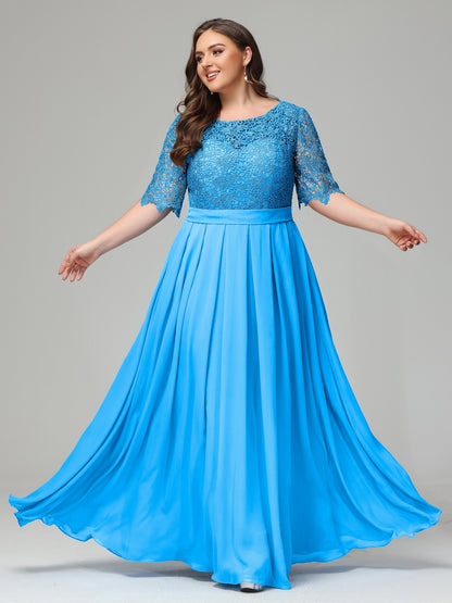 Illussion Neckline and Back Half Sleeves Scoop Lace Plus Size Bridesmaid Dresses