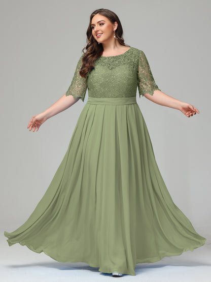Illussion Neckline and Back Half Sleeves Scoop Lace Plus Size Bridesmaid Dresses