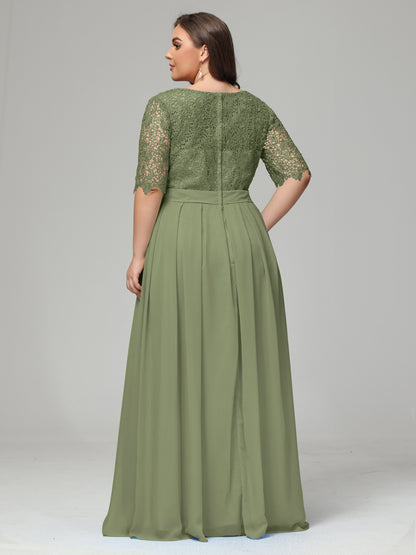 Illussion Neckline and Back Half Sleeves Scoop Lace Plus Size Bridesmaid Dresses