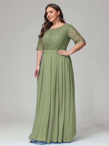 Illussion Neckline and Back Half Sleeves Scoop Lace Plus Size Bridesmaid Dresses