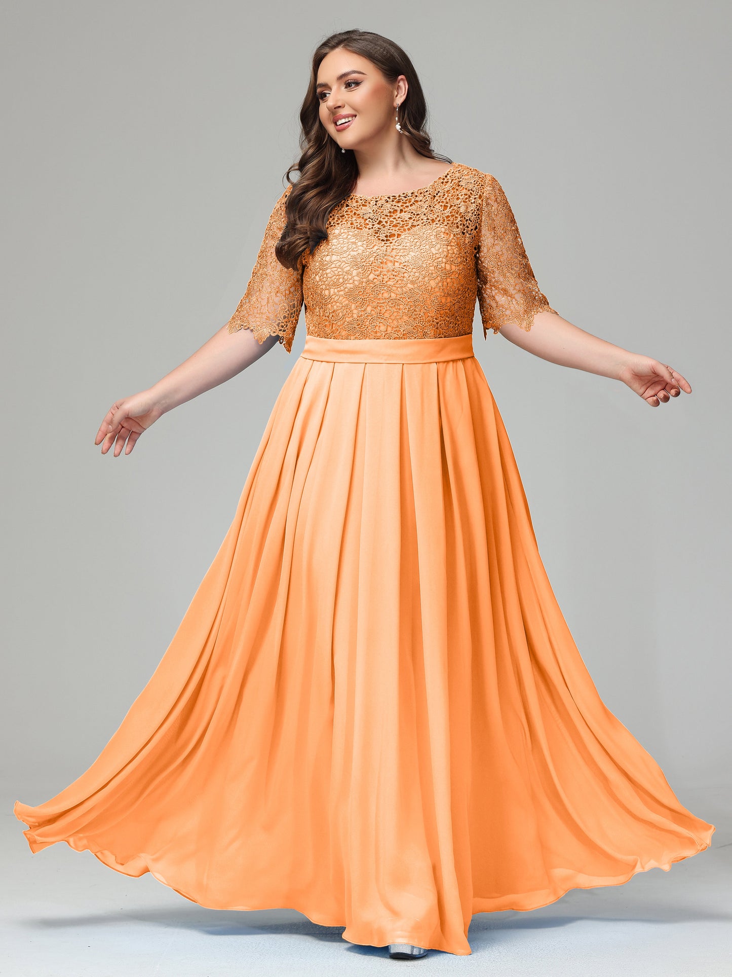 Illussion Neckline and Back Half Sleeves Scoop Lace Plus Size Bridesmaid Dresses