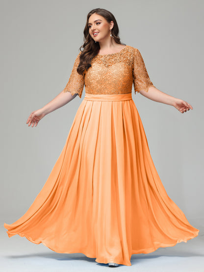 Illussion Neckline and Back Half Sleeves Scoop Lace Plus Size Bridesmaid Dresses