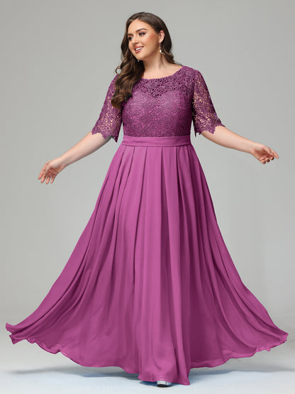 Illussion Neckline and Back Half Sleeves Scoop Lace Plus Size Bridesmaid Dresses