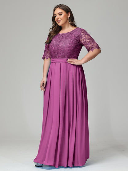 Illussion Neckline and Back Half Sleeves Scoop Lace Plus Size Bridesmaid Dresses