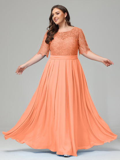 Illussion Neckline and Back Half Sleeves Scoop Lace Plus Size Bridesmaid Dresses