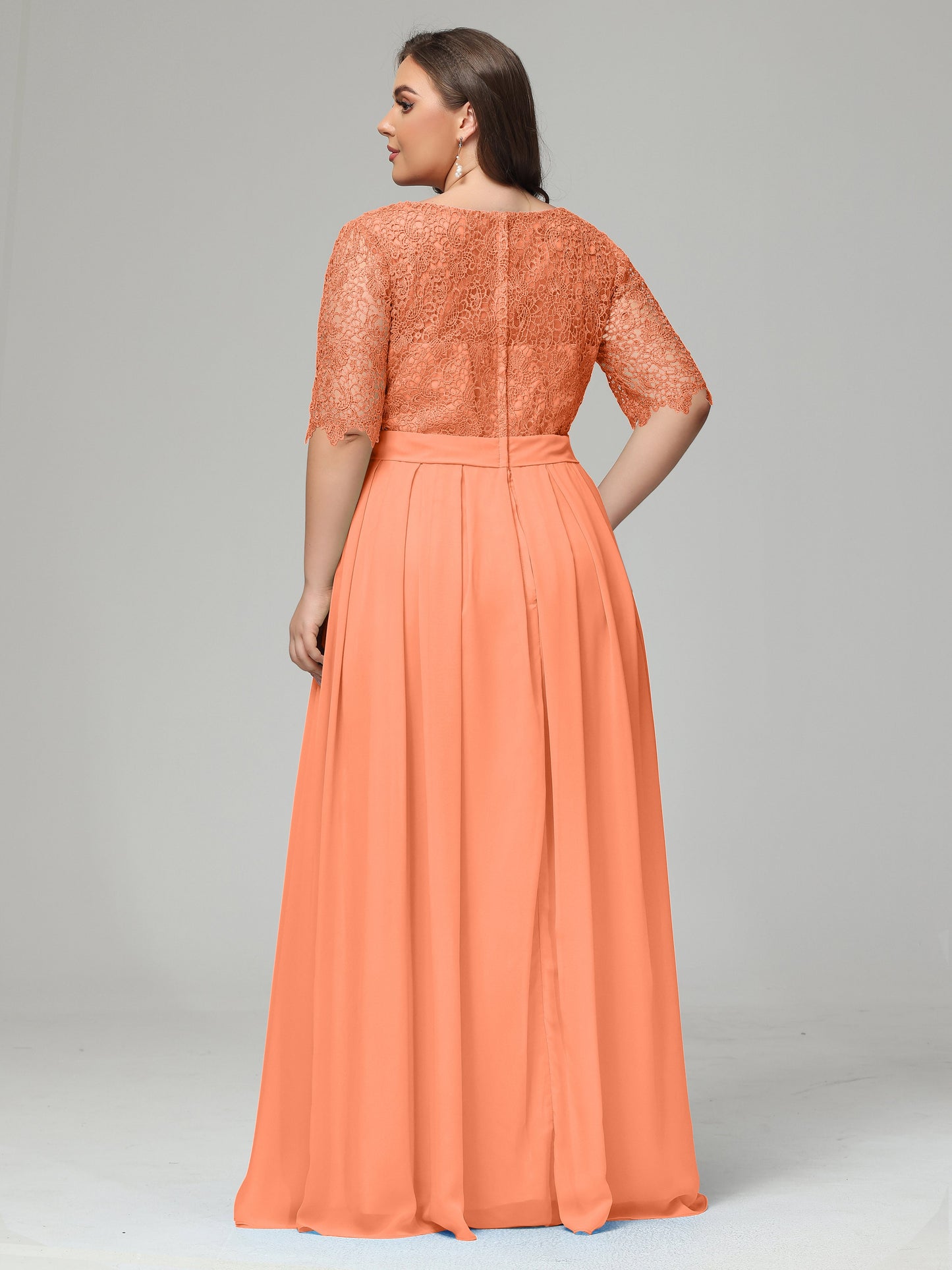 Illussion Neckline and Back Half Sleeves Scoop Lace Plus Size Bridesmaid Dresses