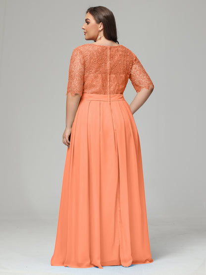 Illussion Neckline and Back Half Sleeves Scoop Lace Plus Size Bridesmaid Dresses