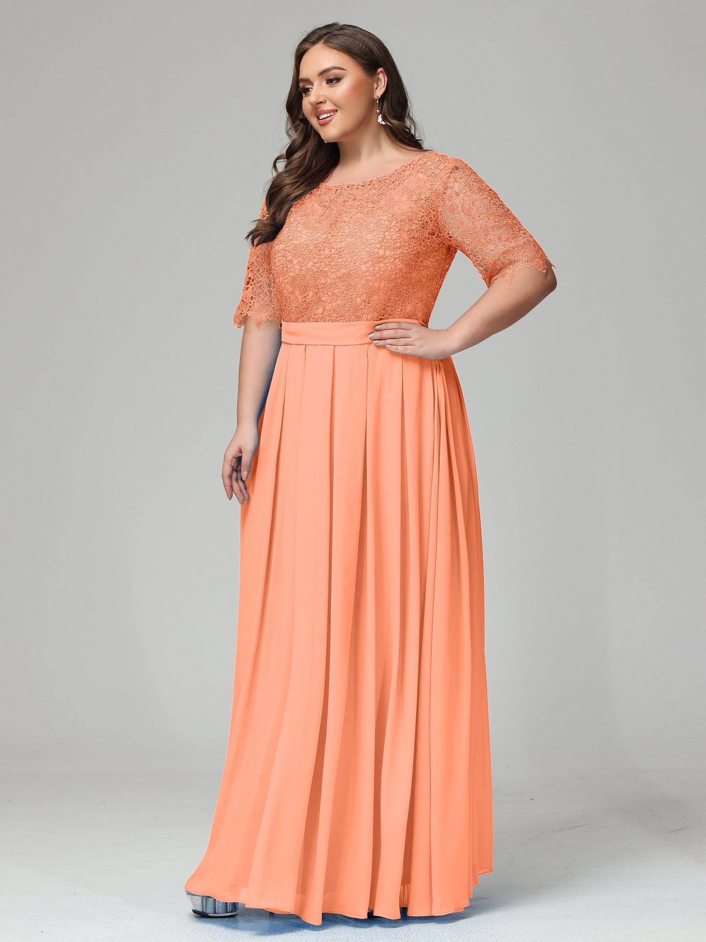 Illussion Neckline and Back Half Sleeves Scoop Lace Plus Size Bridesmaid Dresses