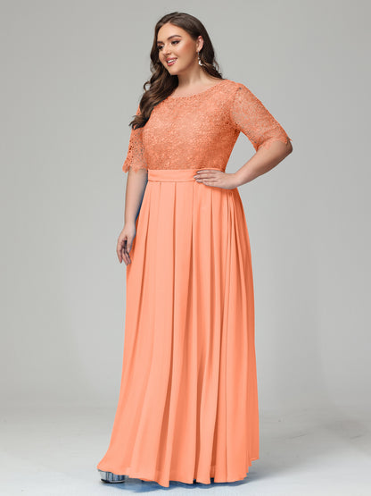 Illussion Neckline and Back Half Sleeves Scoop Lace Plus Size Bridesmaid Dresses
