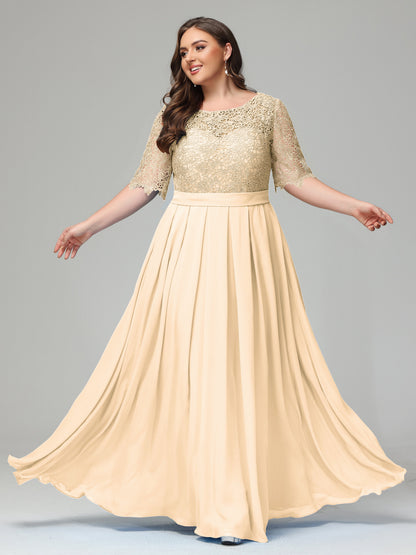 Illussion Neckline and Back Half Sleeves Scoop Lace Plus Size Bridesmaid Dresses