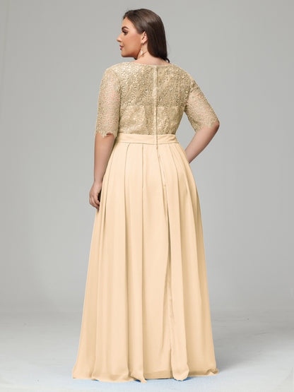 Illussion Neckline and Back Half Sleeves Scoop Lace Plus Size Bridesmaid Dresses