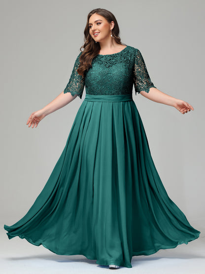 Illussion Neckline and Back Half Sleeves Scoop Lace Plus Size Bridesmaid Dresses