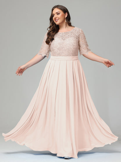 Illussion Neckline and Back Half Sleeves Scoop Lace Plus Size Bridesmaid Dresses