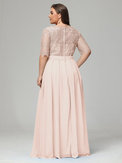 Illussion Neckline and Back Half Sleeves Scoop Lace Plus Size Bridesmaid Dresses