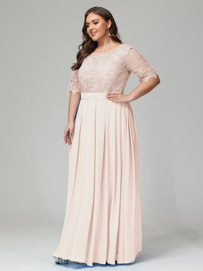 Illussion Neckline and Back Half Sleeves Scoop Lace Plus Size Bridesmaid Dresses