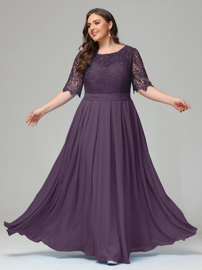 Illussion Neckline and Back Half Sleeves Scoop Lace Plus Size Bridesmaid Dresses