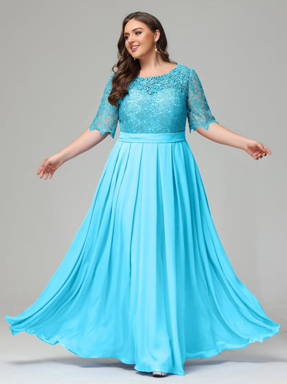 Illussion Neckline and Back Half Sleeves Scoop Lace Plus Size Bridesmaid Dresses