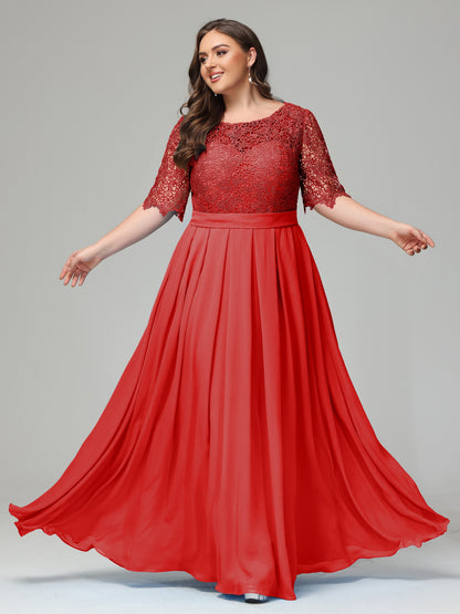 Illussion Neckline and Back Half Sleeves Scoop Lace Plus Size Bridesmaid Dresses