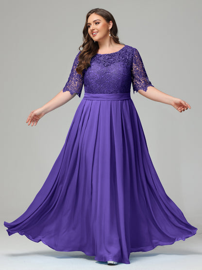 Illussion Neckline and Back Half Sleeves Scoop Lace Plus Size Bridesmaid Dresses