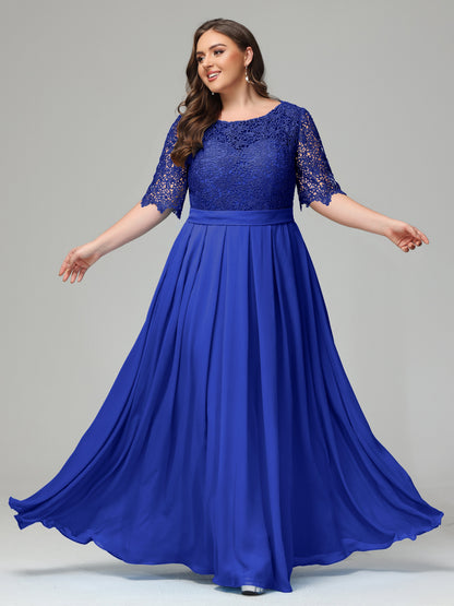 Illussion Neckline and Back Half Sleeves Scoop Lace Plus Size Bridesmaid Dresses