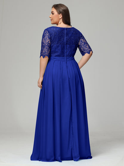 Illussion Neckline and Back Half Sleeves Scoop Lace Plus Size Bridesmaid Dresses