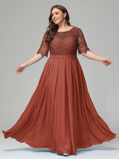 Illussion Neckline and Back Half Sleeves Scoop Lace Plus Size Bridesmaid Dresses