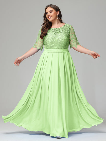 Illussion Neckline and Back Half Sleeves Scoop Lace Plus Size Bridesmaid Dresses
