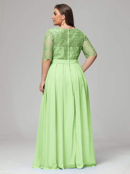 Illussion Neckline and Back Half Sleeves Scoop Lace Plus Size Bridesmaid Dresses