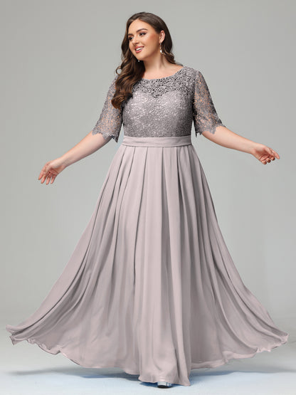 Illussion Neckline and Back Half Sleeves Scoop Lace Plus Size Bridesmaid Dresses