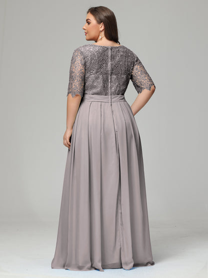 Illussion Neckline and Back Half Sleeves Scoop Lace Plus Size Bridesmaid Dresses