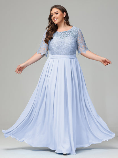 Illussion Neckline and Back Half Sleeves Scoop Lace Plus Size Bridesmaid Dresses