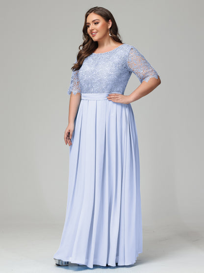 Illussion Neckline and Back Half Sleeves Scoop Lace Plus Size Bridesmaid Dresses