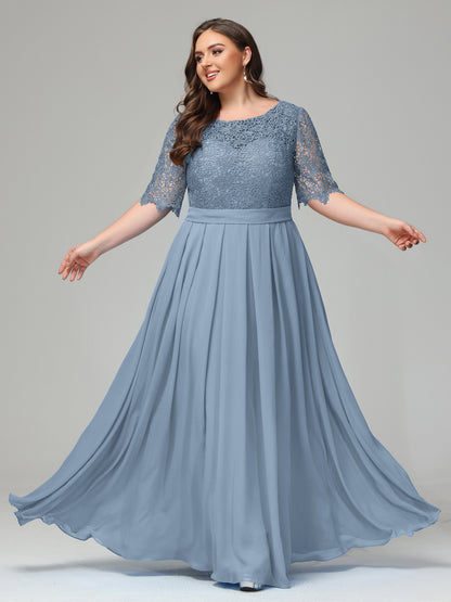 Illussion Neckline and Back Half Sleeves Scoop Lace Plus Size Bridesmaid Dresses