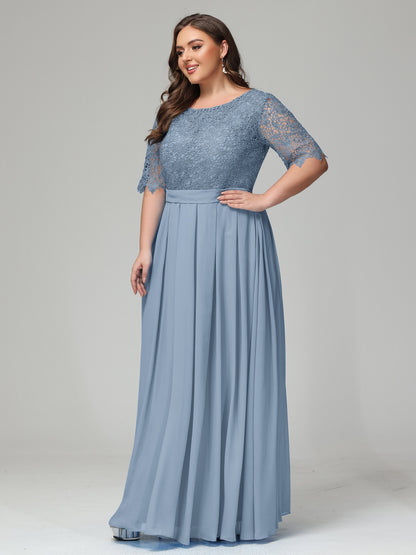 Illussion Neckline and Back Half Sleeves Scoop Lace Plus Size Bridesmaid Dresses
