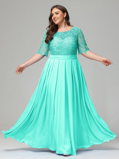 Illussion Neckline and Back Half Sleeves Scoop Lace Plus Size Bridesmaid Dresses