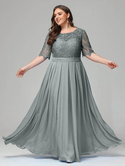 Illussion Neckline and Back Half Sleeves Scoop Lace Plus Size Bridesmaid Dresses