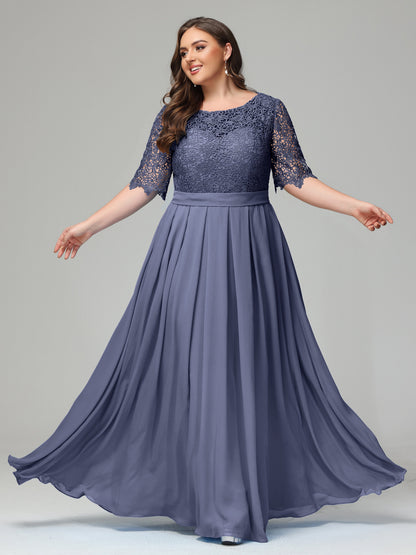 Illussion Neckline and Back Half Sleeves Scoop Lace Plus Size Bridesmaid Dresses